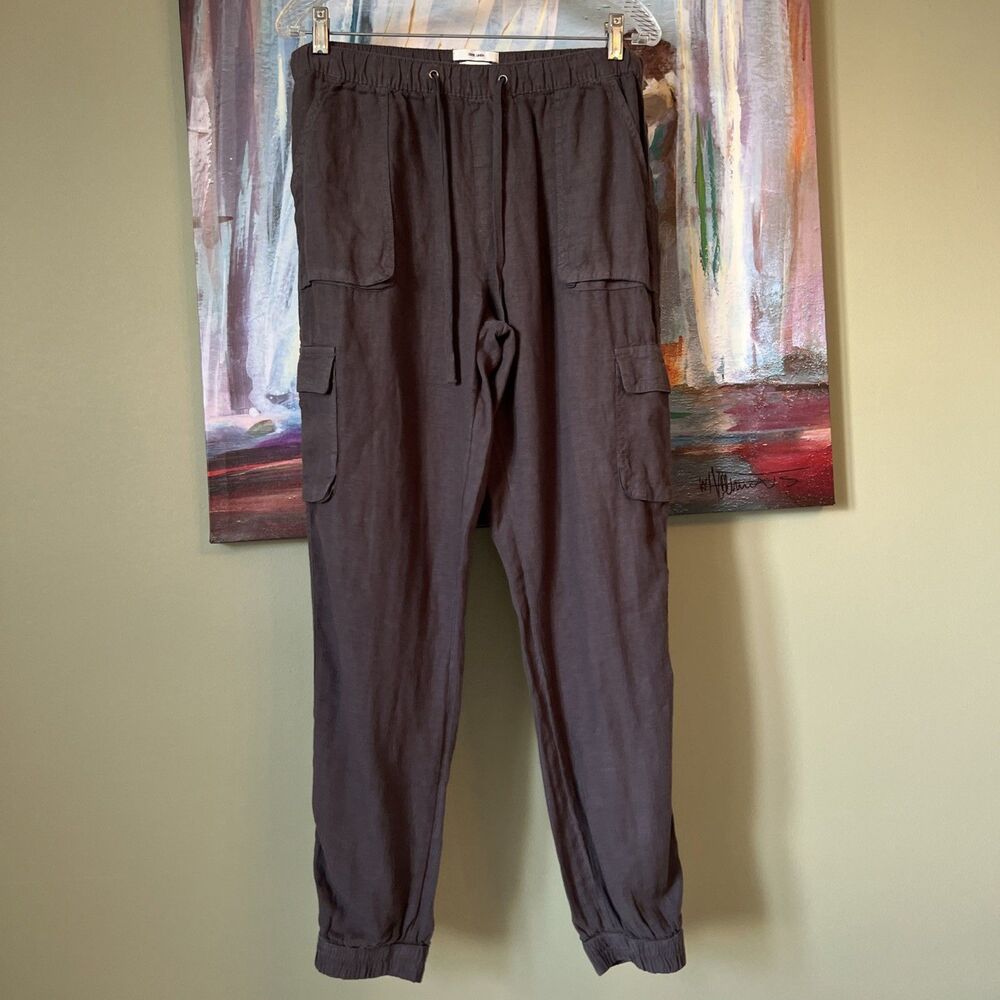Nicole Miller Jogger Pants Womens M Blue Linen Cargo Pockets Drawstring